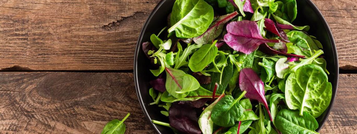 Fresh salad mix of baby spinach, arugula leaves, basil and chard. Italian cuisine