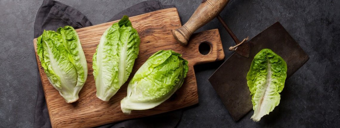 Mini romaine lettuce salad on stone kitchen table. Top view